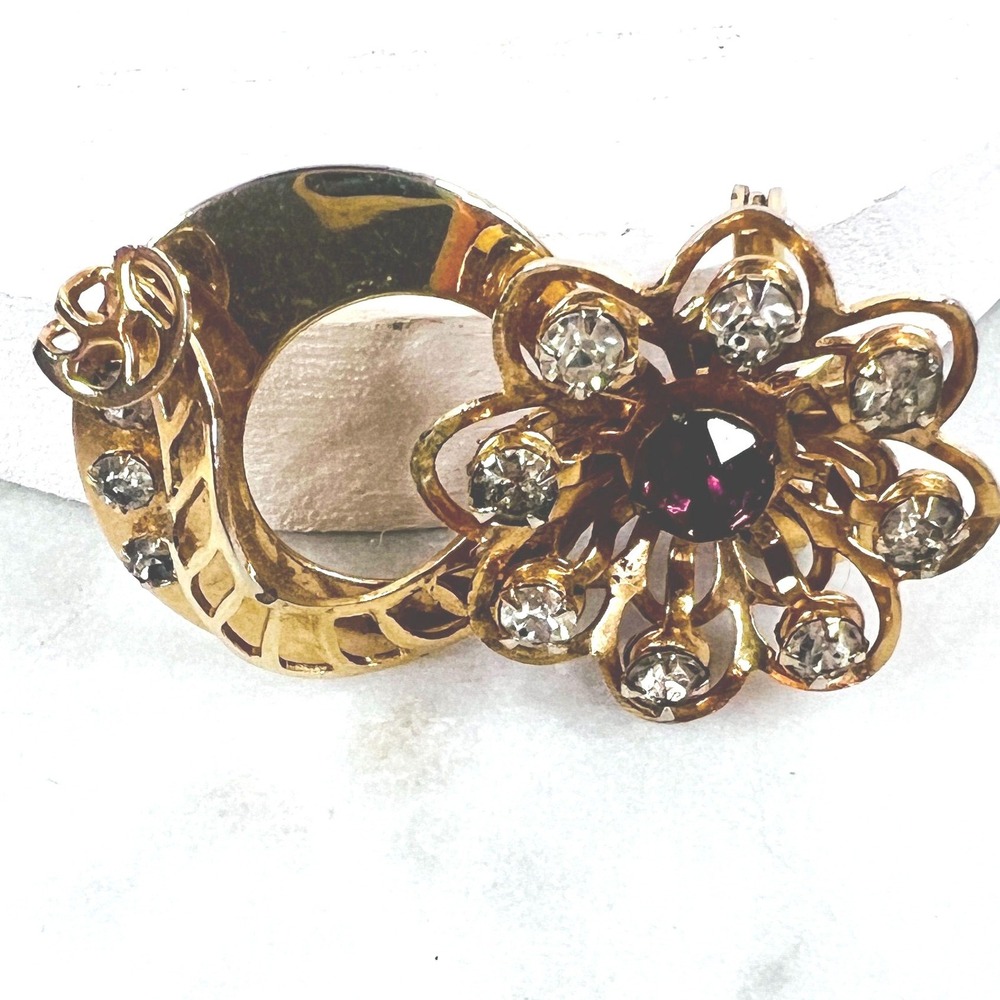 Vintage Rhinestone Brooch Pin Pendant Purple Flower Atomic Age Ladder Gold Tone - Picture 2 of 6